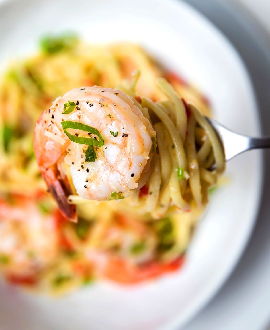 Shrimp twirled in pasta